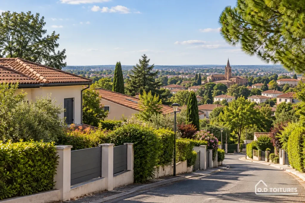 Illustration d’un quartier résidentiel aux toitures de tuiles, ambiance inspirée de Balma — OD Toitures
