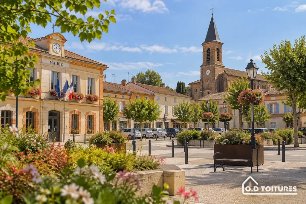 Illustration d’une place occitane aux bâtiments en briques, ambiance évoquant Castelnau-d’Estrétefonds — OD Toitures