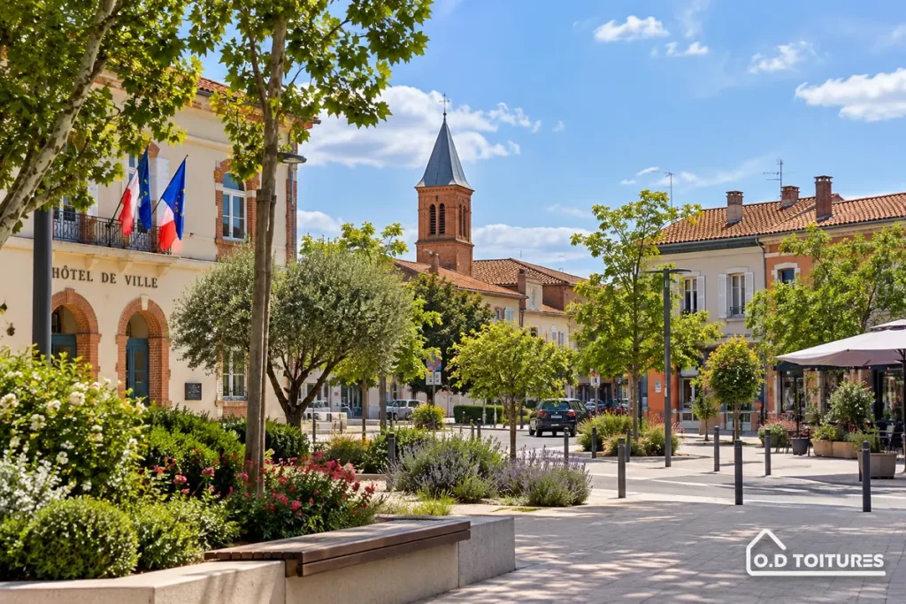Illustration d’un espace urbain arboré et de bâtiments aux toitures en tuiles, ambiance évoquant Colomiers — OD Toitures