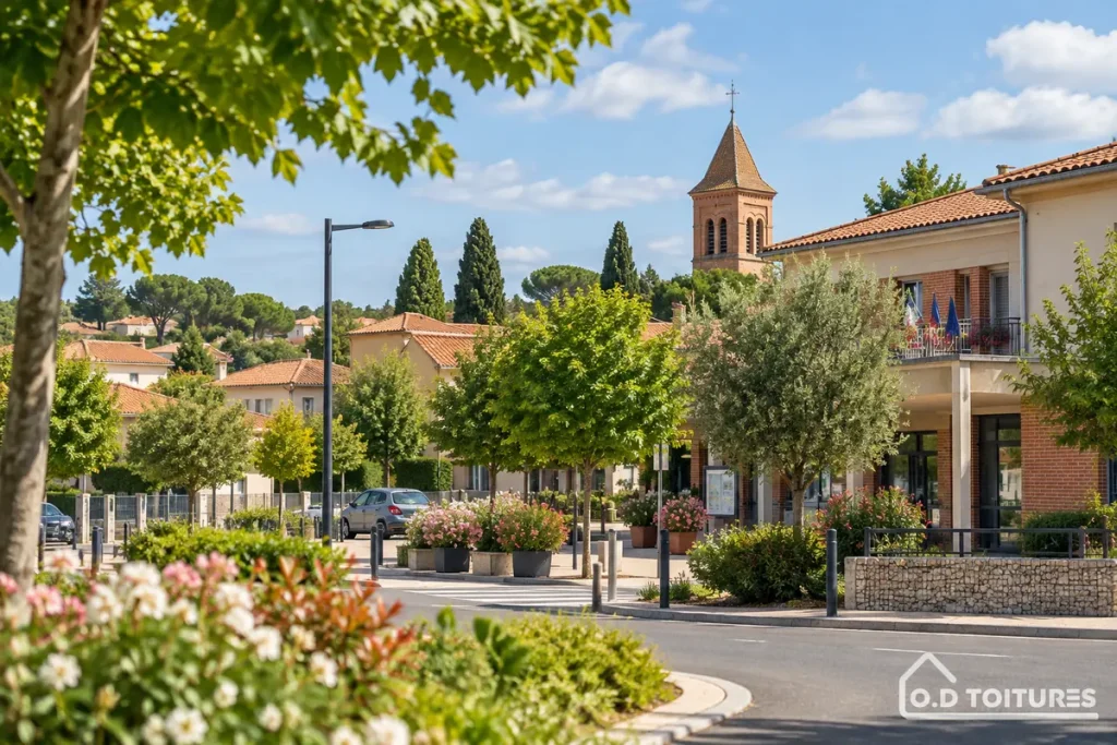 Illustration d’un quartier résidentiel arboré et de toitures en tuiles, ambiance évoquant L’Union — OD Toitures